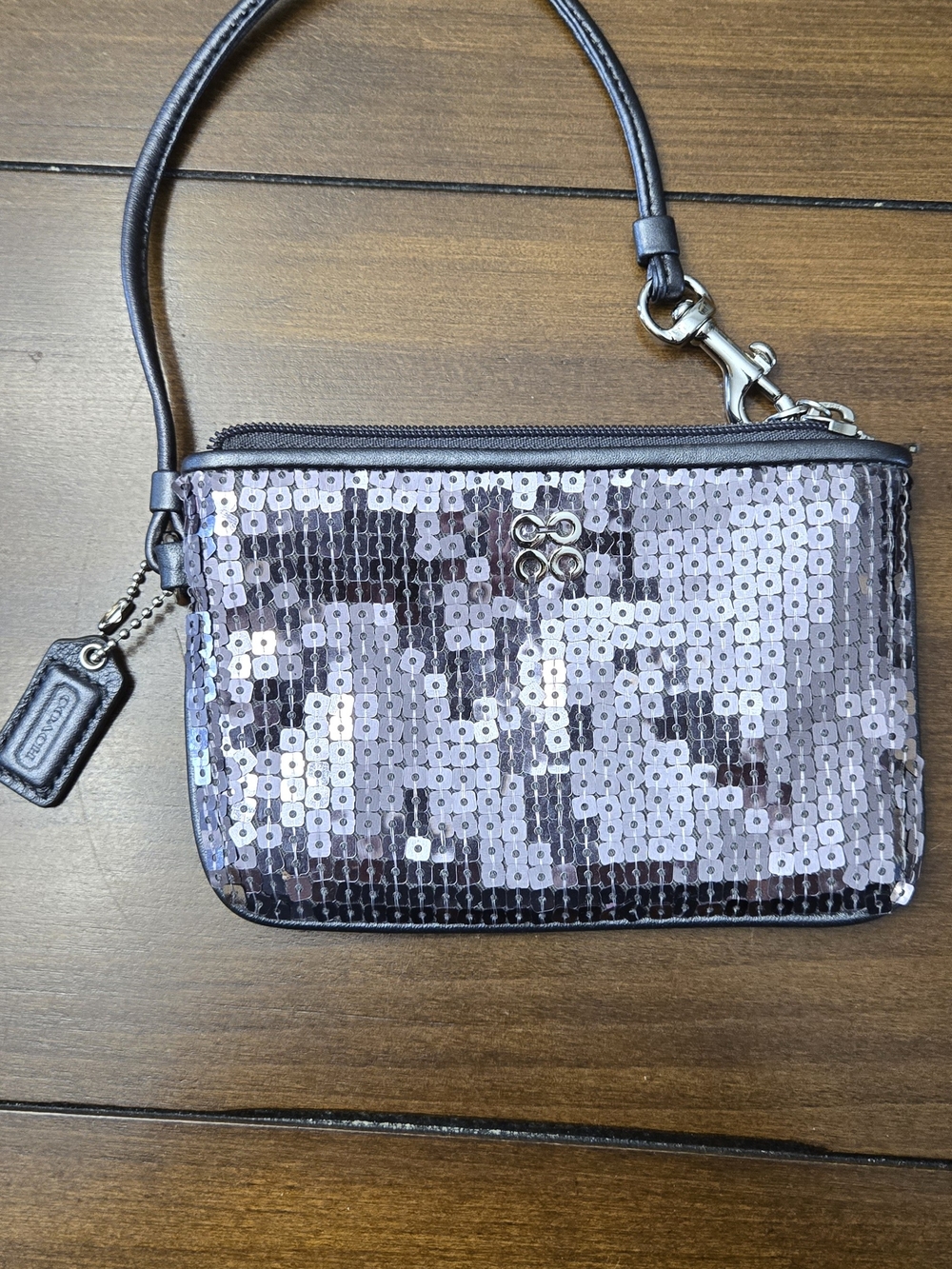 Coach Iridescent Sequin Wristlet in Purple and Silver Hardware